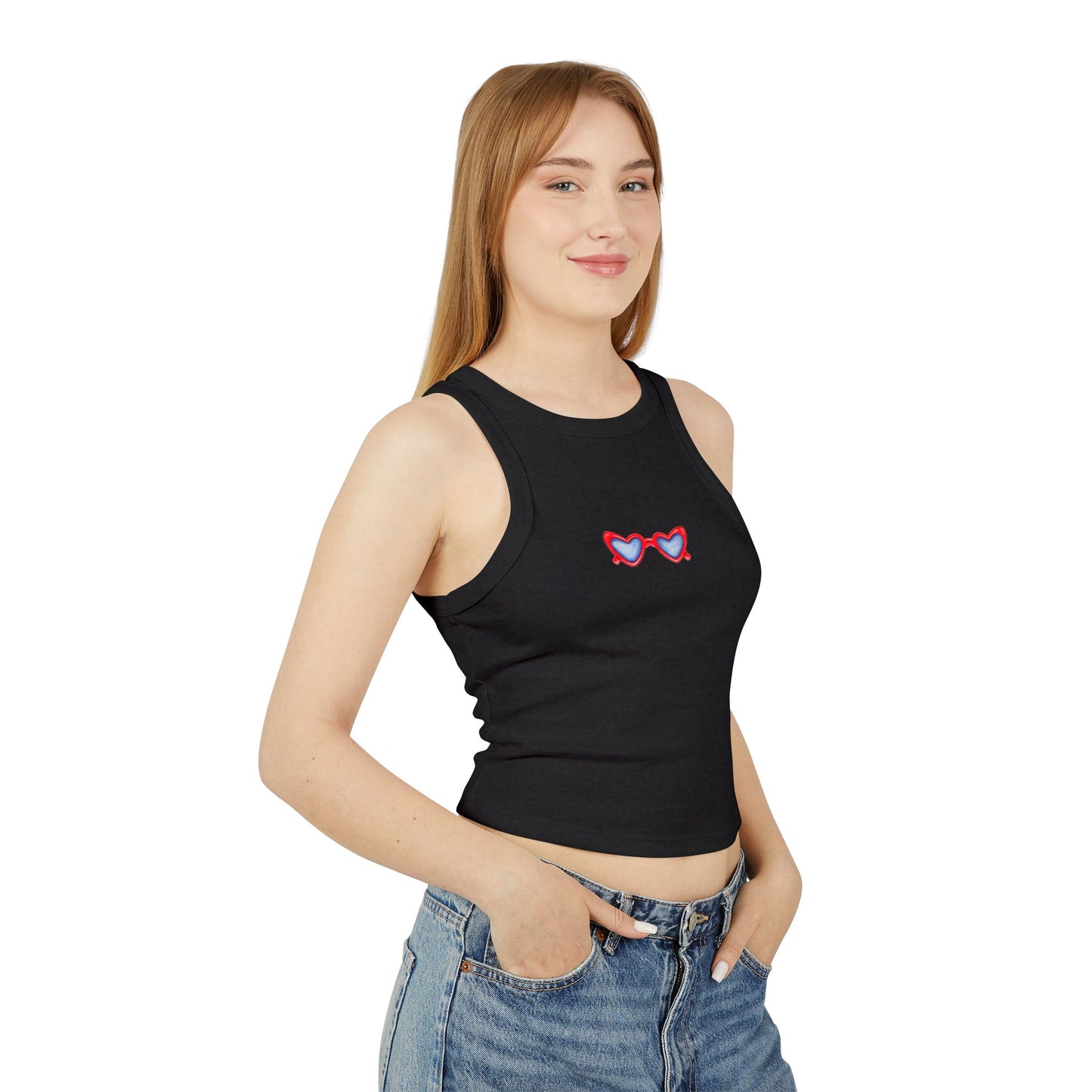 Red White & Blue Heart Shaped Glasses Printed Women's Micro Rib Racer Tank Top