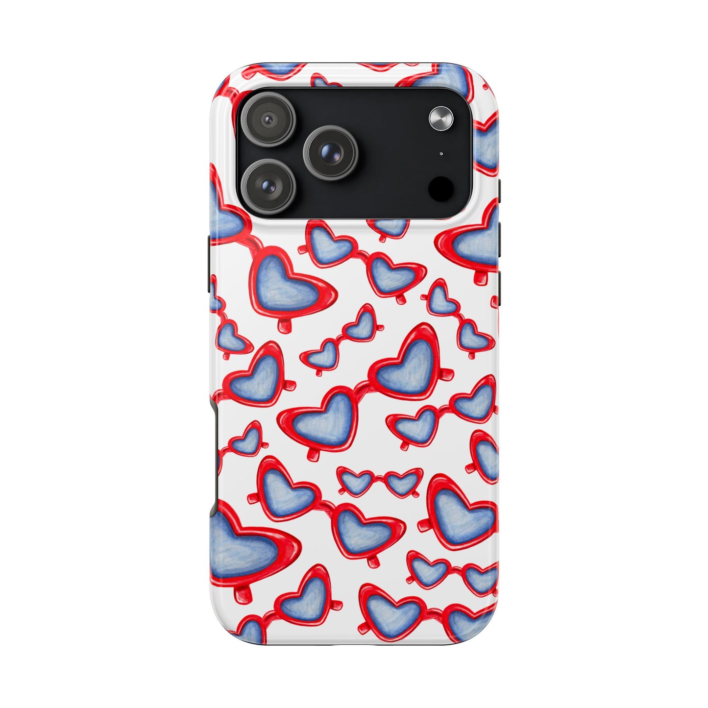 Red, White, & Blue Heart Shaped Watercolor Sunglasses Tossed Pattern Tough Phone Cases iPhone 17 Pro Max