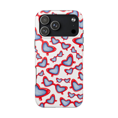 Red, White, & Blue Heart Shaped Watercolor Sunglasses Tossed Pattern Tough Phone Cases iPhone 17 Pro Max