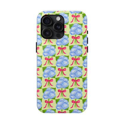 Blue Watercolor Hydrangea Bouquets with Hot Pink Bows Illustrated Patterned Yellow Preppy Grand Millenial Tough Phone Case | Various Models