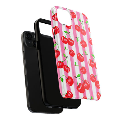 Tossed Red Watercolor Cherries Illustrated Pattern Light Pink Stripes Tough Phone Case | Various Models