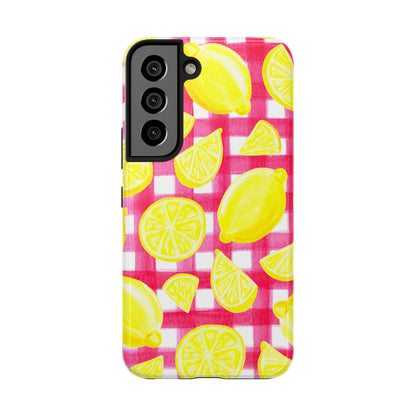 Yellow Lemons & Hot Pink Gingham Watercolor Illustrated Tough Phone Case | Various Models Available