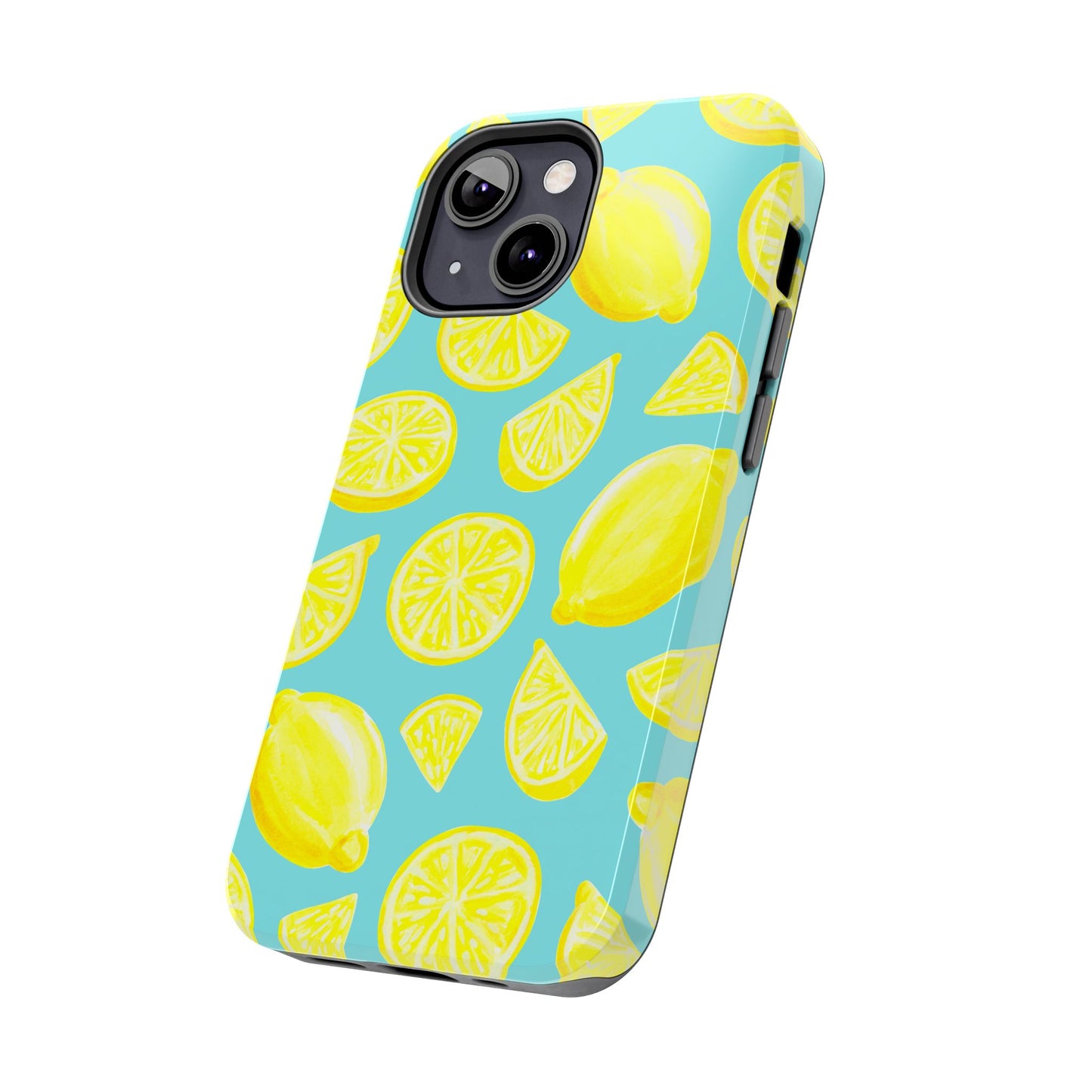 Bright Yellow Lemons Watercolor Illustrated Tossed Pattern Turquoise Blue Tough Phone Case | Various Models