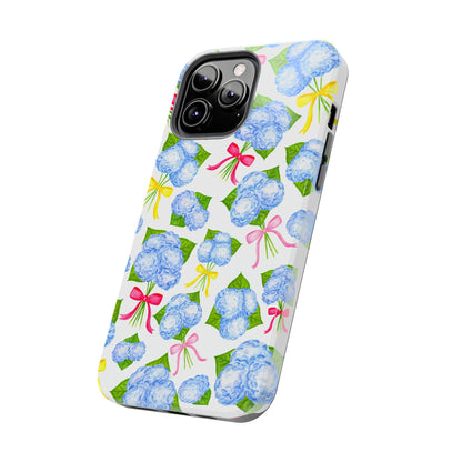Blue Watercolor Hydrangea Bunches with Hot Pink, Yellow, Light Pink Bows Illustrated Patterned Tough Phone Case | Various Models