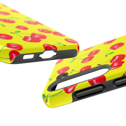 Tossed Red Watercolor Cherries Illustrated Pattern Bright Yellow Tough Phone Case | Various Models