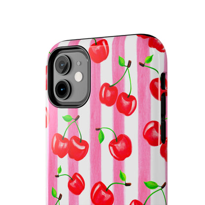 Tossed Red Watercolor Cherries Illustrated Pattern Light Pink Stripes Tough Phone Case | Various Models