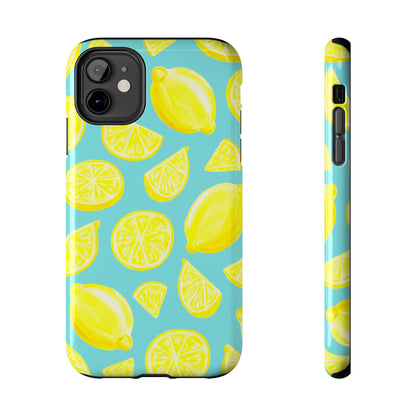 Bright Yellow Lemons Watercolor Illustrated Tossed Pattern Turquoise Blue Tough Phone Case | Various Models