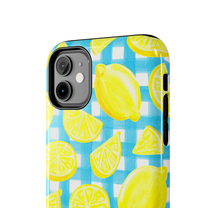 Bright Yellow Lemons Watercolor Illustrated Tossed Pattern Turquoise Gingham Tough Phone Case | Various Models