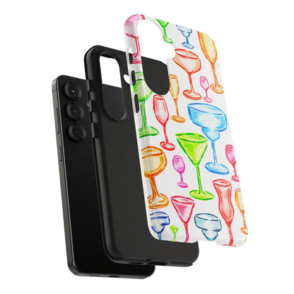 Monochromatic Margarita, Wine, Martini, and Champagne Flute Cocktail Glasses Watercolor Illustrated Tough Phone Case | Various Models Available