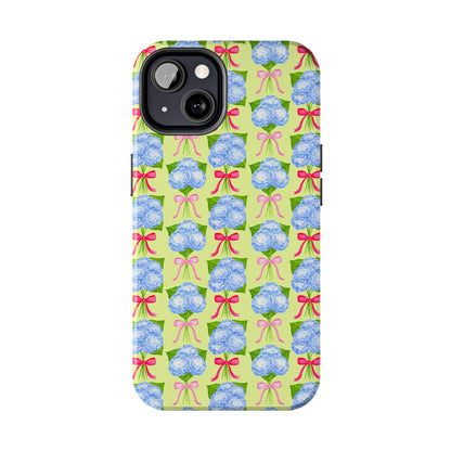 Watercolor Blue Hydrangea Bouquets with Hot Pink and Light Pink Bow Ribbons Illustrated Pattern Yellow Tough Phone Case | Various Models