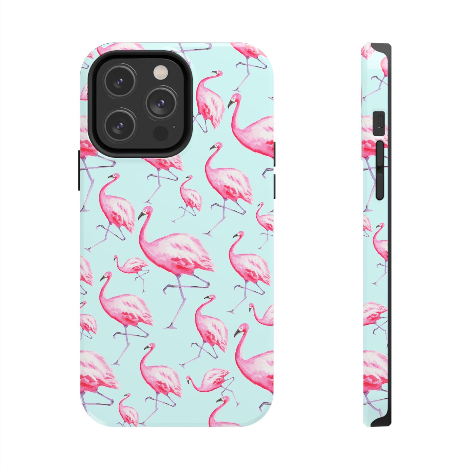 Pink Flamingos Watercolor Illustrated Tossed Pattern Blue Phone Case | Various Models iPhone 14 Pro Max