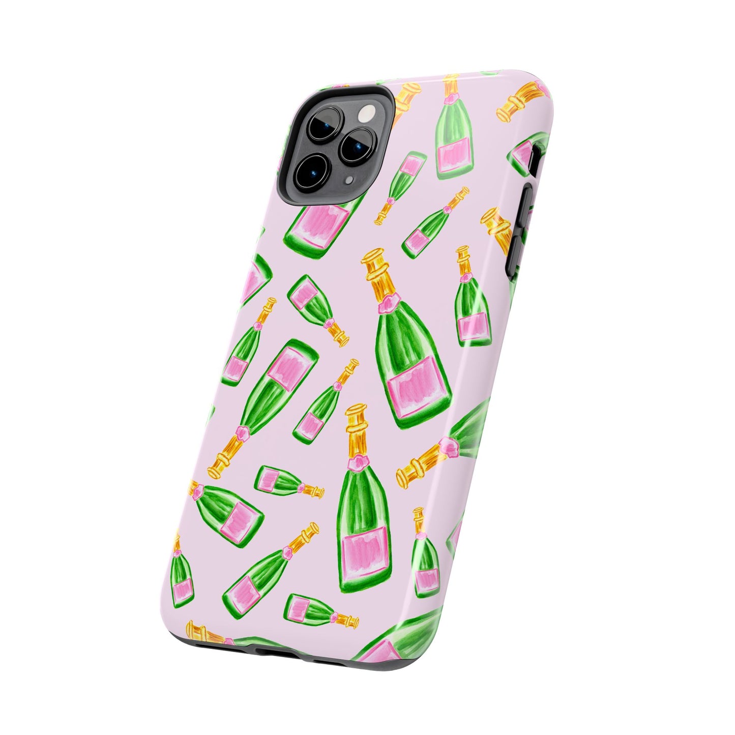 Tossed Pink and Green Watercolor Illustrated Champagne Bottles Pattern Blush Pink Tough Phone Case | Various Models