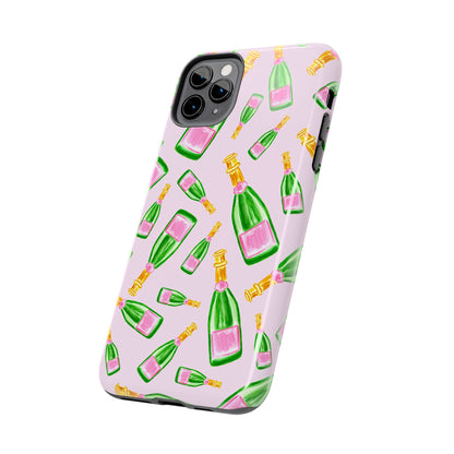 Tossed Pink and Green Watercolor Illustrated Champagne Bottles Pattern Blush Pink Tough Phone Case | Various Models