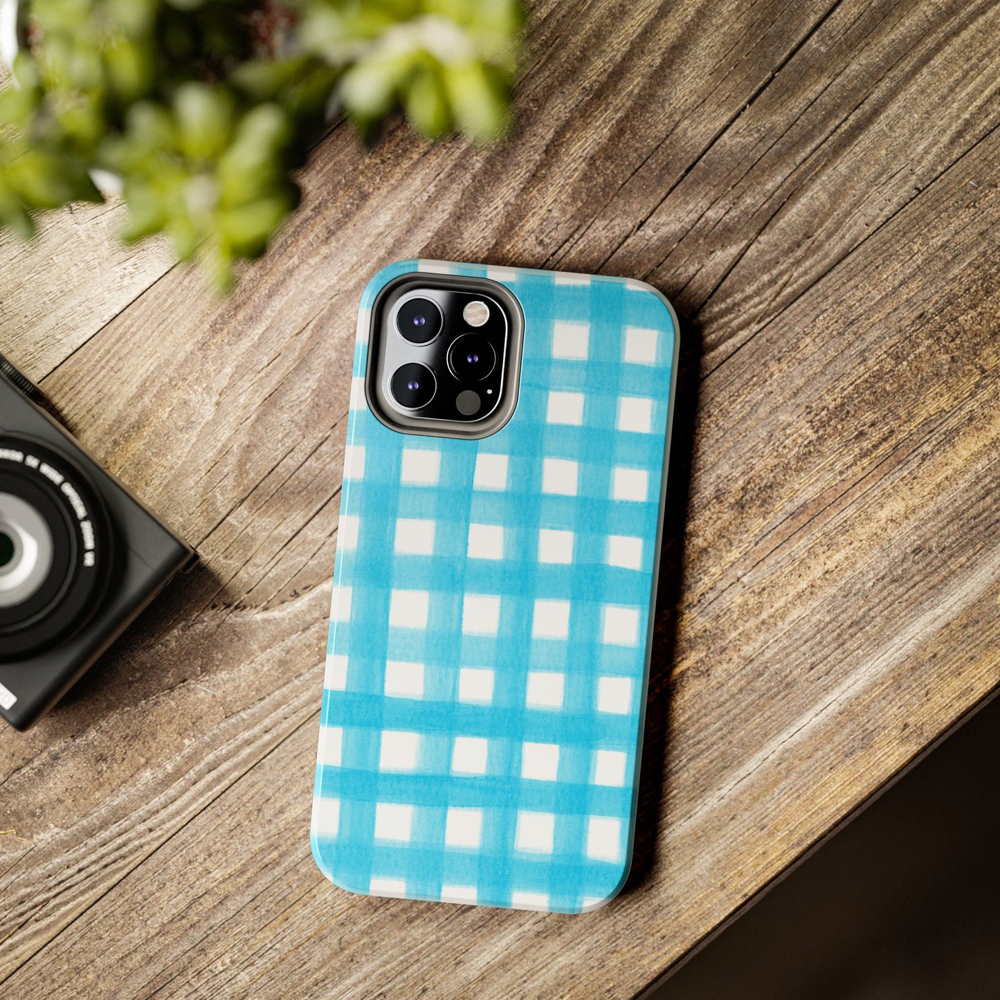 Turquoise Gingham Watercolor Illustrated Tough Phone Case | Various Models Available