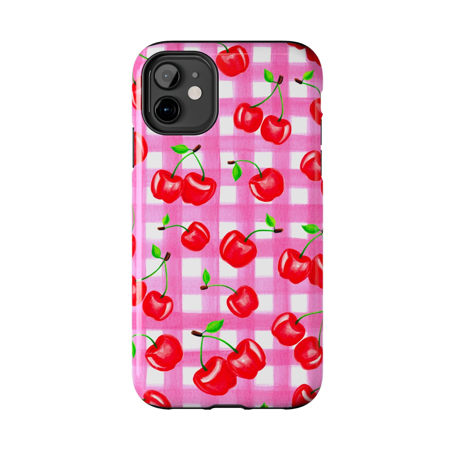 Tossed Red Watercolor Cherries Illustrated Pattern Light Pink Gingham Tough Phone Case | Various Models