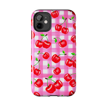 Tossed Red Watercolor Cherries Illustrated Pattern Light Pink Gingham Tough Phone Case | Various Models