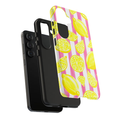 Pink Lemonade Yellow Lemons with Pink & White Watercolor Stripes Tough Phone Case