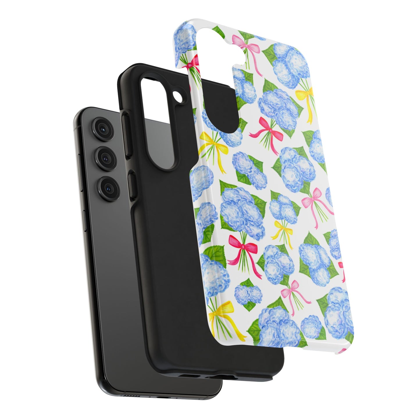 Blue Watercolor Hydrangea Bunches with Hot Pink, Yellow, Light Pink Bows Illustrated Patterned Tough Phone Case | Various Models