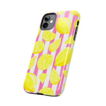 Pink Lemonade Yellow Lemons with Pink & White Watercolor Stripes Tough Phone Case