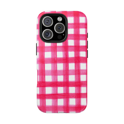 Hot Pink Gingham Watercolor Preppy Tough Phone Case | Various models iPhone 16 Pro