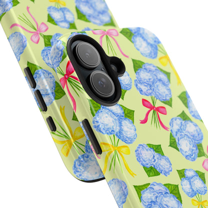 Blue Watercolor Hydrangea Bunches with Hot Pink, Yellow, Light Pink Bows Illustrated Patterned Yellow Tough Phone Case | Various Models