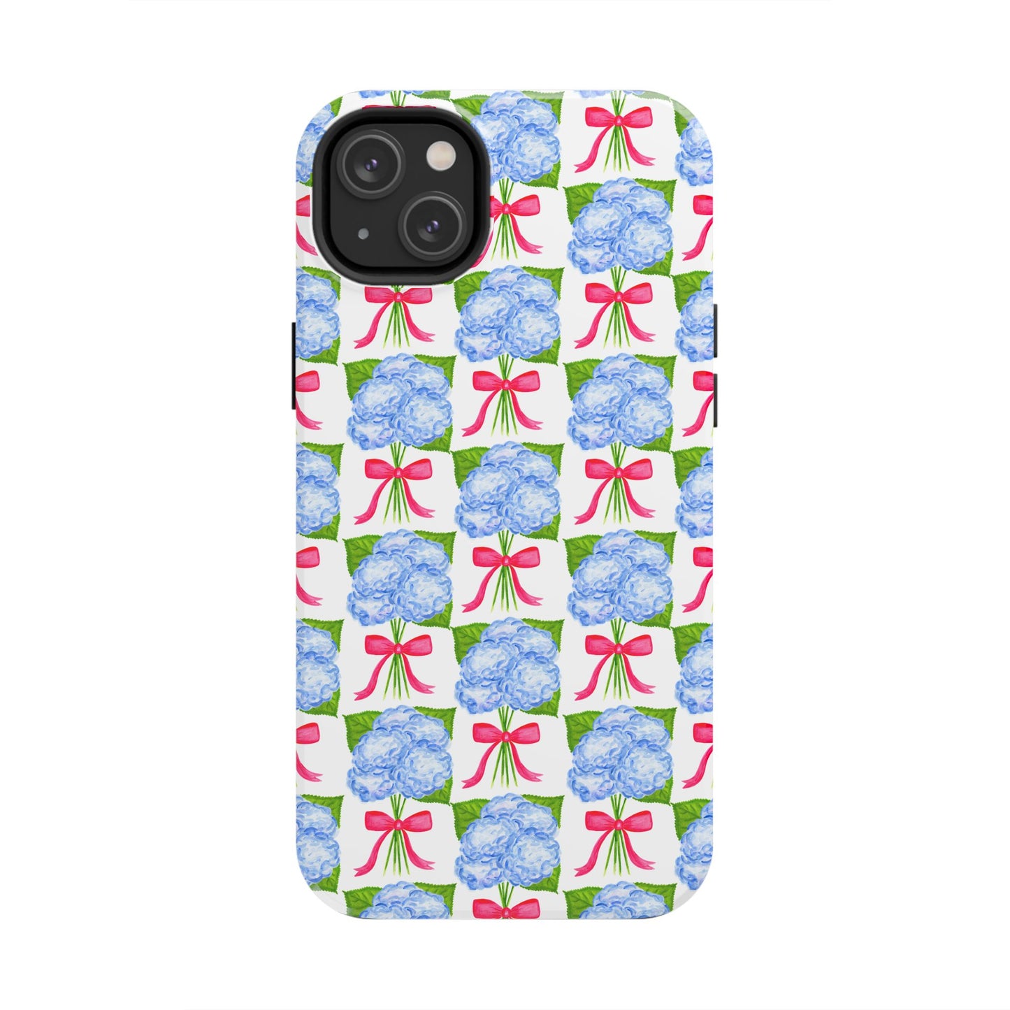 Blue Watercolor Hydrangea Bouquets with Hot Pink Bows Illustrated Patterned Tough Phone Case | Various Models