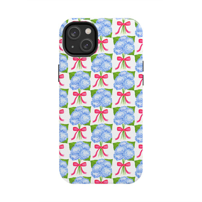 Blue Watercolor Hydrangea Bouquets with Hot Pink Bows Illustrated Patterned Tough Phone Case | Various Models