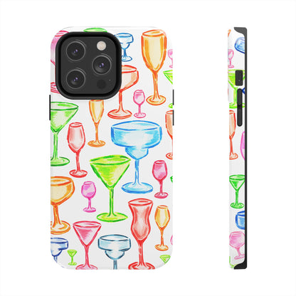 Monochromatic Margarita, Wine, Martini, and Champagne Flute Cocktail Glasses Watercolor Illustrated Tough Phone Case | Various Models Available