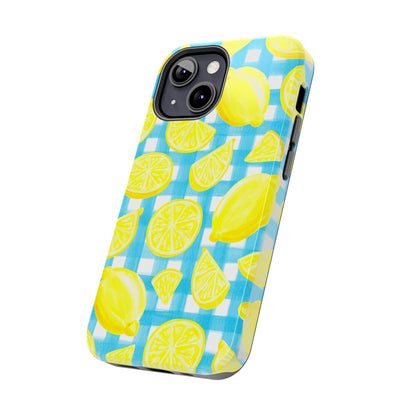 Bright Yellow Lemons Watercolor Illustrated Tossed Pattern Turquoise Gingham Tough Phone Case | Various Models