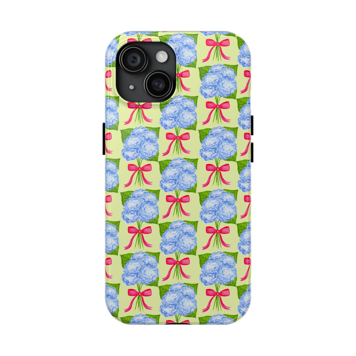 Blue Watercolor Hydrangea Bouquets with Hot Pink Bows Illustrated Patterned Yellow Preppy Grand Millenial Tough Phone Case | Various Models