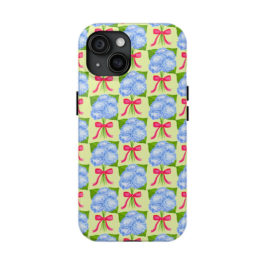 Blue Watercolor Hydrangea Bouquets with Hot Pink Bows Illustrated Patterned Yellow Preppy Grand Millenial Tough Phone Case | Various Models iPhone 15