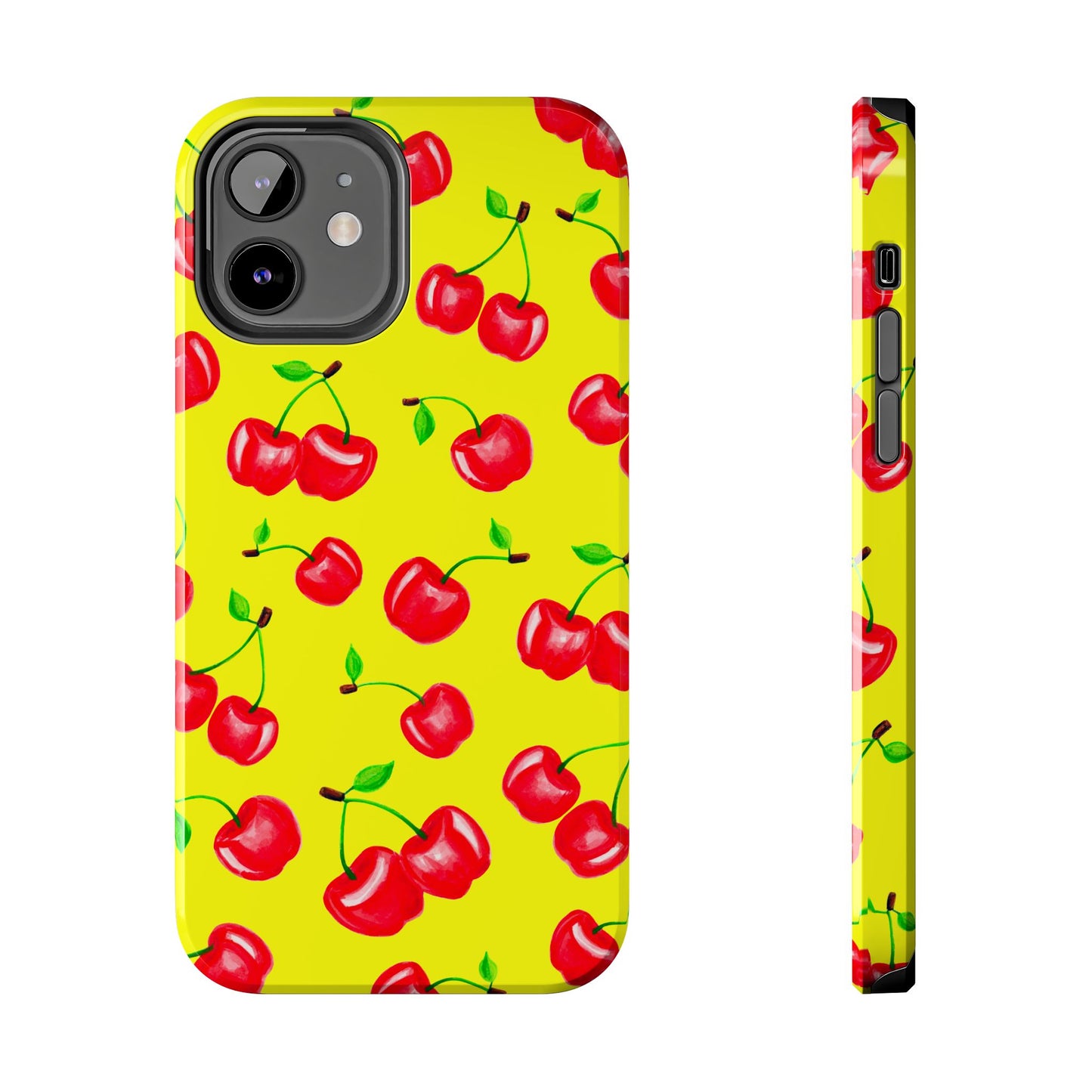 Tossed Red Watercolor Cherries Illustrated Pattern Bright Yellow Tough Phone Case | Various Models