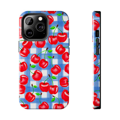 Tossed Red Cherries Blue Gingham Checkered Watercolor Illustrated Tough Phone Case | Various Models