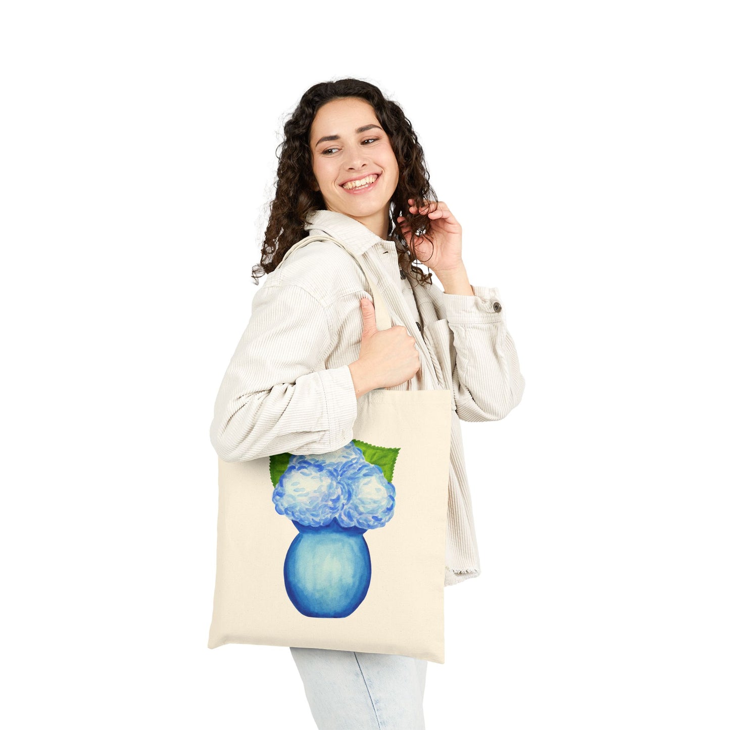 Canvas Book Tote | Blue Hydrangeas in a Blue Vase Watercolor Printed Farmers Market Tote | Preppy Coastal Gift Hostess