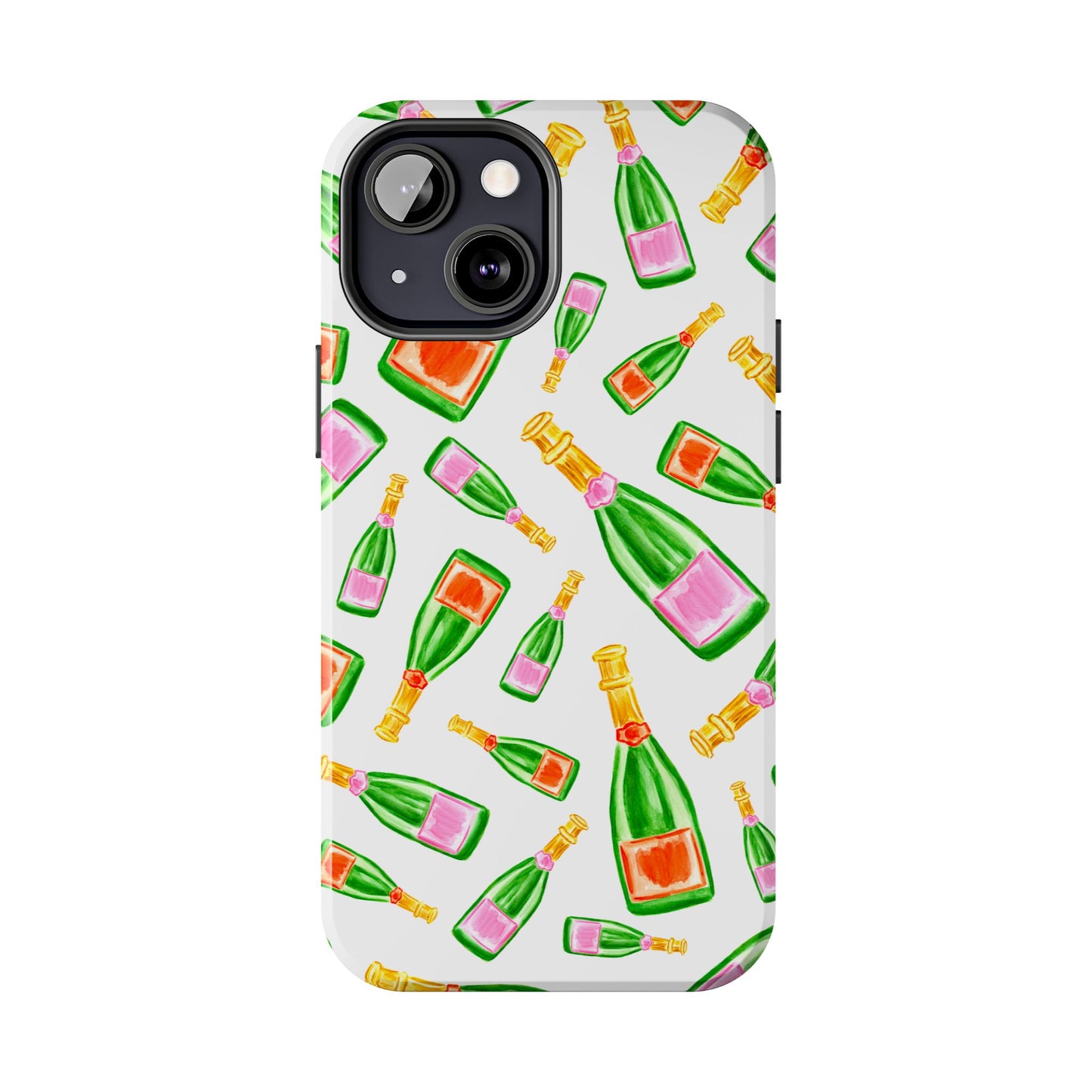 Tossed Pink and Green & Orange and Green Watercolor Illustrated Champagne Bottles Pattern Tough Phone Case | Various Models