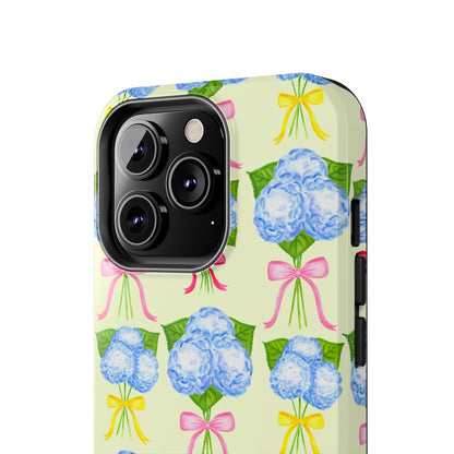 Blue Hydrangeas with Hot Pink, Yellow, Light Pink Bows Watercolor Illustrated Patterned Light Yellow Tough Phone Case | Various Models