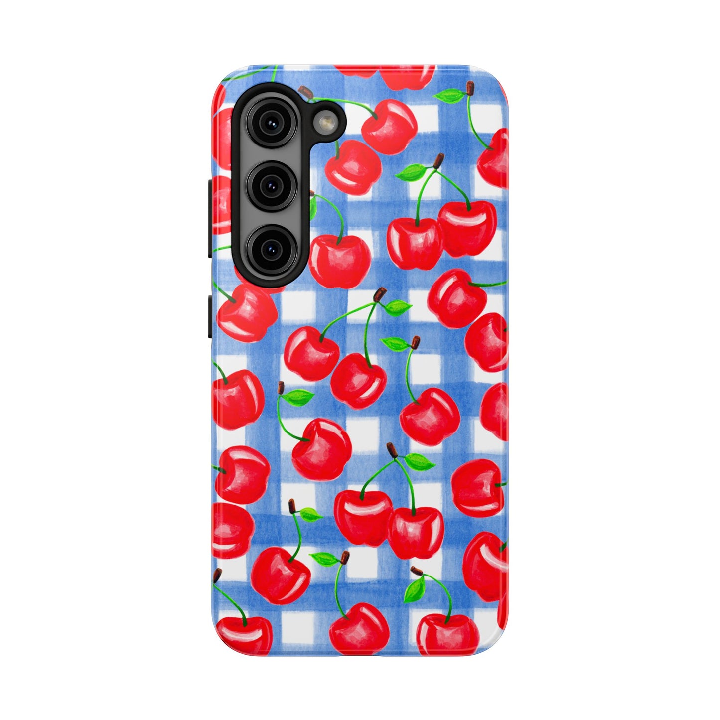 Tossed Red Cherries Blue Gingham Checkered Watercolor Illustrated Tough Phone Case | Various Models