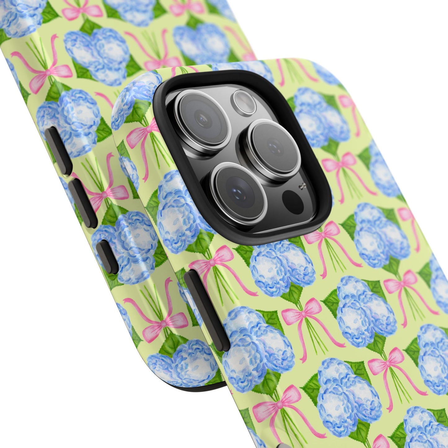 Blue Watercolor Hydrangea Bouquets with Light Pink Bows Watercolor Illustrated Patterned Yellow Tough Phone Case | Various Models