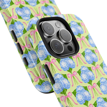 Blue Watercolor Hydrangea Bouquets with Light Pink Bows Watercolor Illustrated Patterned Yellow Tough Phone Case | Various Models