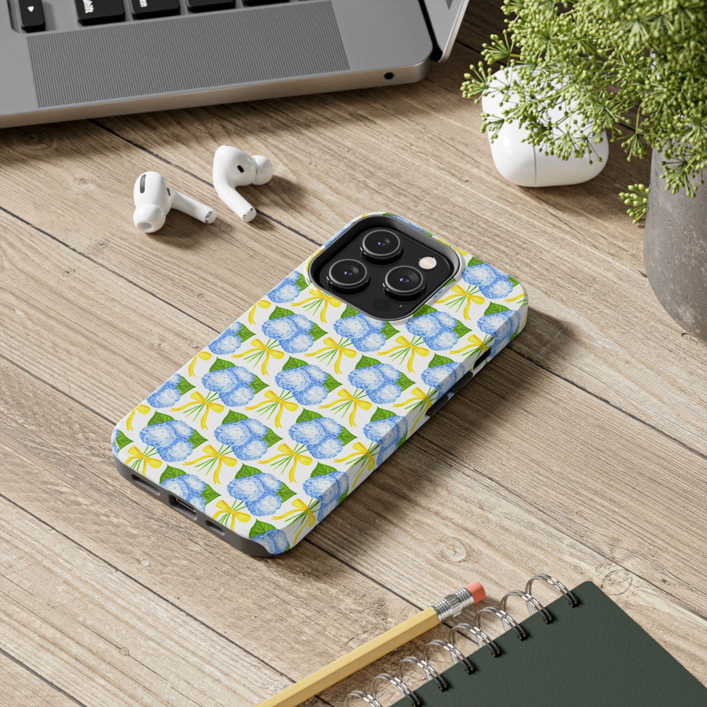 Blue Hydrangea Bouquets with Yellow Bow Ribbon Watercolor Illustrated Patterned Tough Phone Case | Various Models