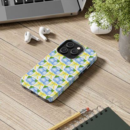 Blue Hydrangea Bouquets with Yellow Bow Ribbon Watercolor Illustrated Patterned Tough Phone Case | Various Models