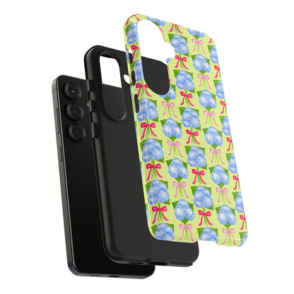 Watercolor Blue Hydrangea Bouquets with Hot Pink and Light Pink Bow Ribbons Illustrated Pattern Yellow Tough Phone Case | Various Models