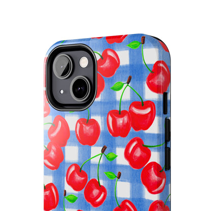 Tossed Red Cherries Blue Gingham Checkered Watercolor Illustrated Tough Phone Case | Various Models