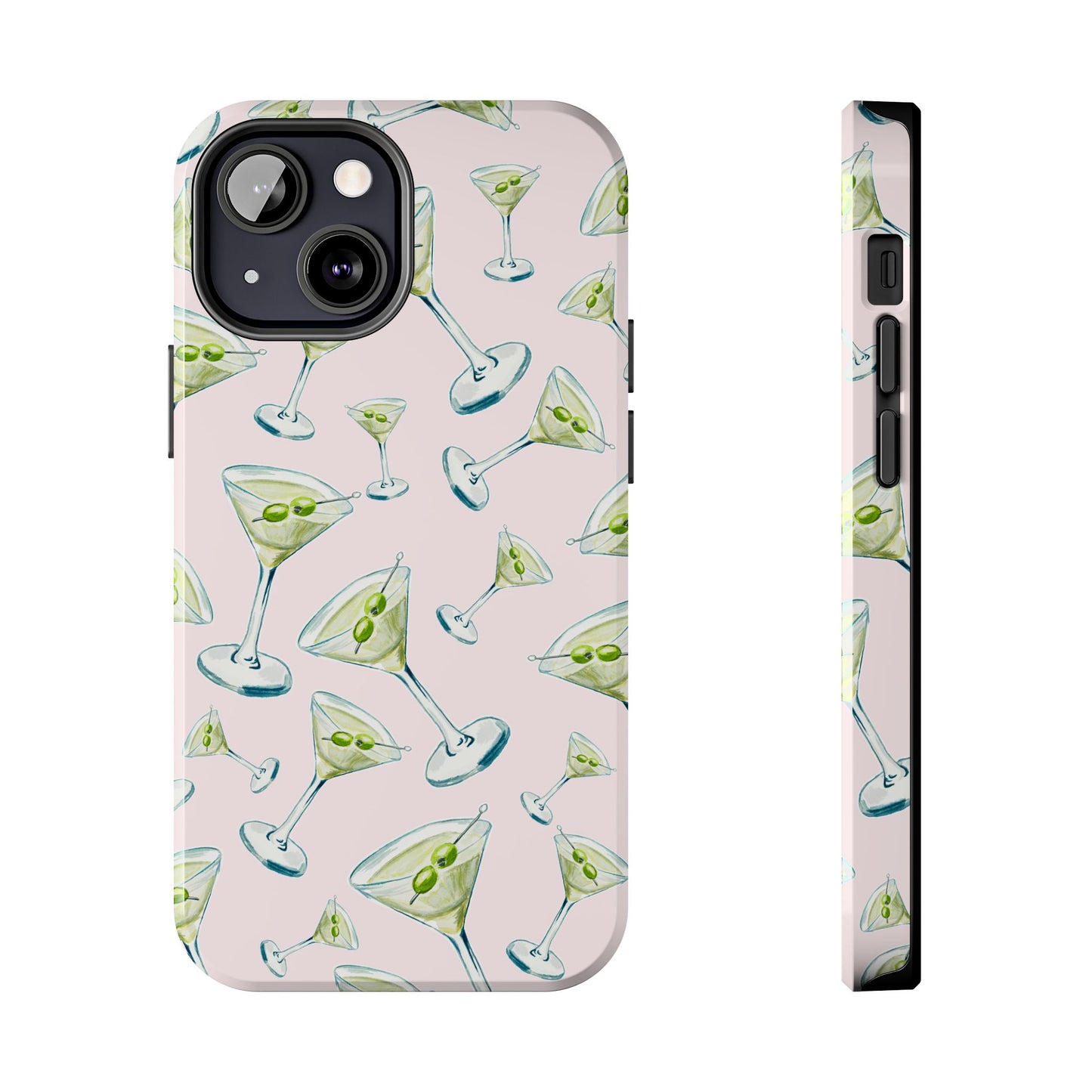 Watercolor Blue and Green Martinis Tossed Illustrated Pattern Blush Pink Tough Phone Case | Various Models