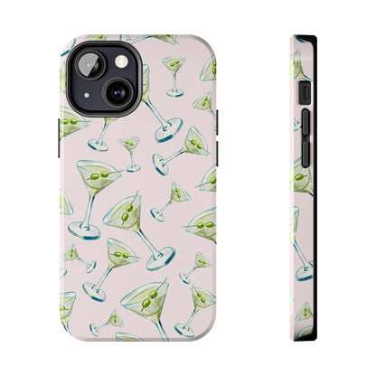 Watercolor Blue and Green Martinis Tossed Illustrated Pattern Blush Pink Tough Phone Case | Various Models