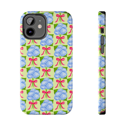Blue Watercolor Hydrangea Bouquets with Hot Pink Bows Illustrated Patterned Yellow Preppy Grand Millenial Tough Phone Case | Various Models
