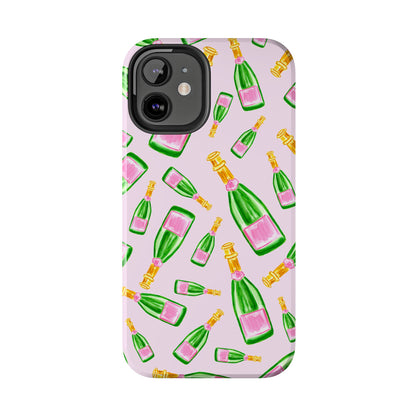 Tossed Pink and Green Watercolor Illustrated Champagne Bottles Pattern Blush Pink Tough Phone Case | Various Models