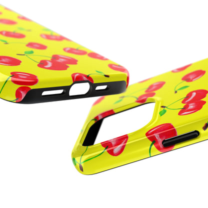 Tossed Red Watercolor Cherries Illustrated Pattern Bright Yellow Tough Phone Case | Various Models