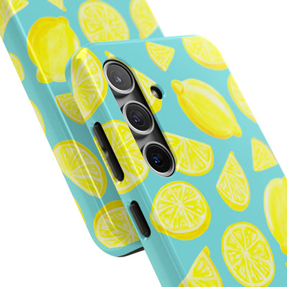 Bright Yellow Lemons Watercolor Illustrated Tossed Pattern Turquoise Blue Tough Phone Case | Various Models