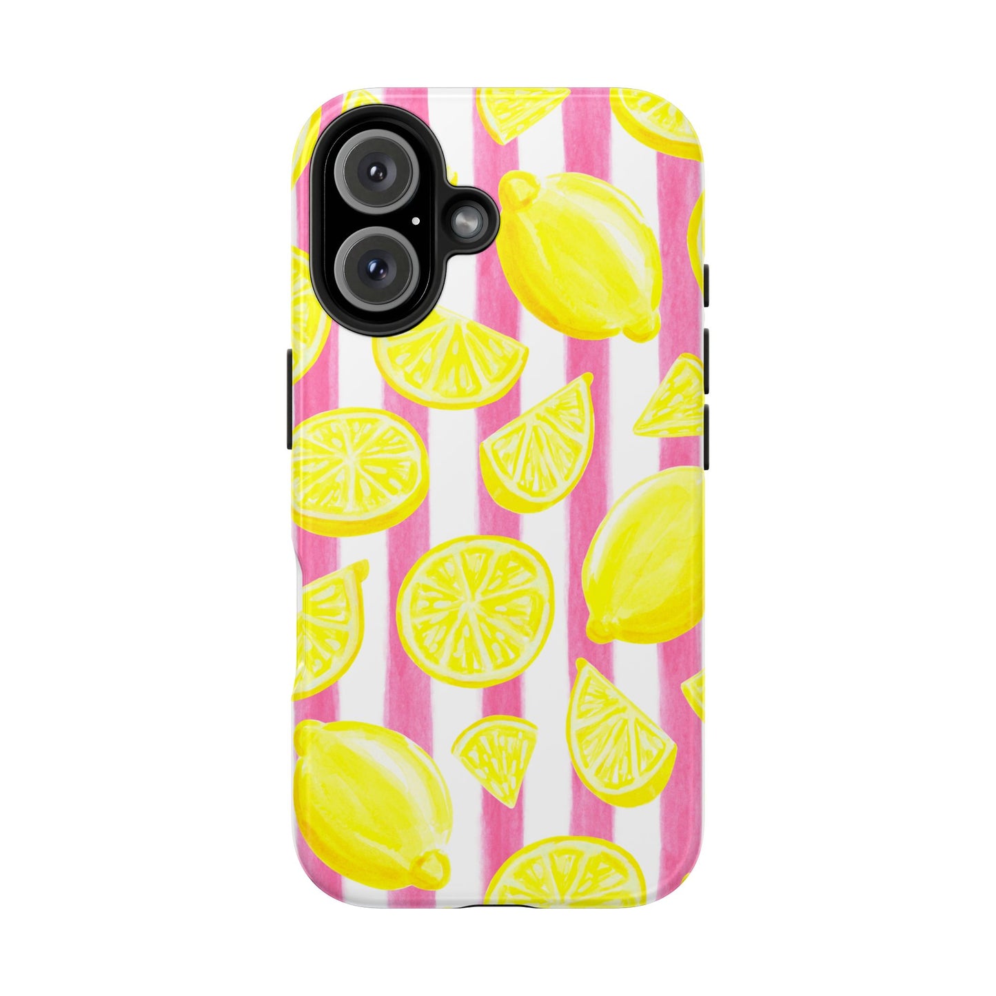Pink Lemonade Yellow Lemons with Pink & White Watercolor Stripes Tough Phone Case